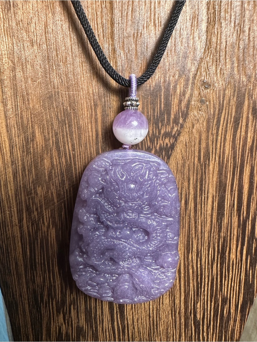Lavender Carved Ocean Jasper Dragon Pendant Necklace with Half Bowl Amethyst - Picture 5 of 16